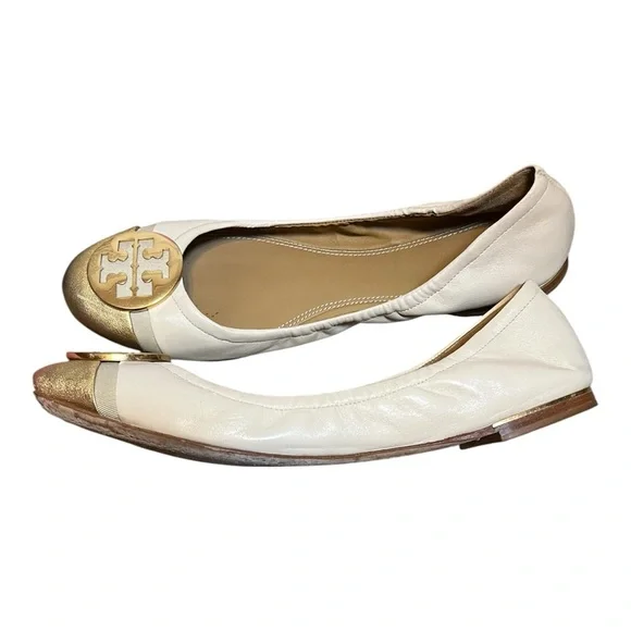 $258 Tory Burch Minnie Cap-Toe Ballet Flat Shoes 9 Cream gold - Picture 2 of 6